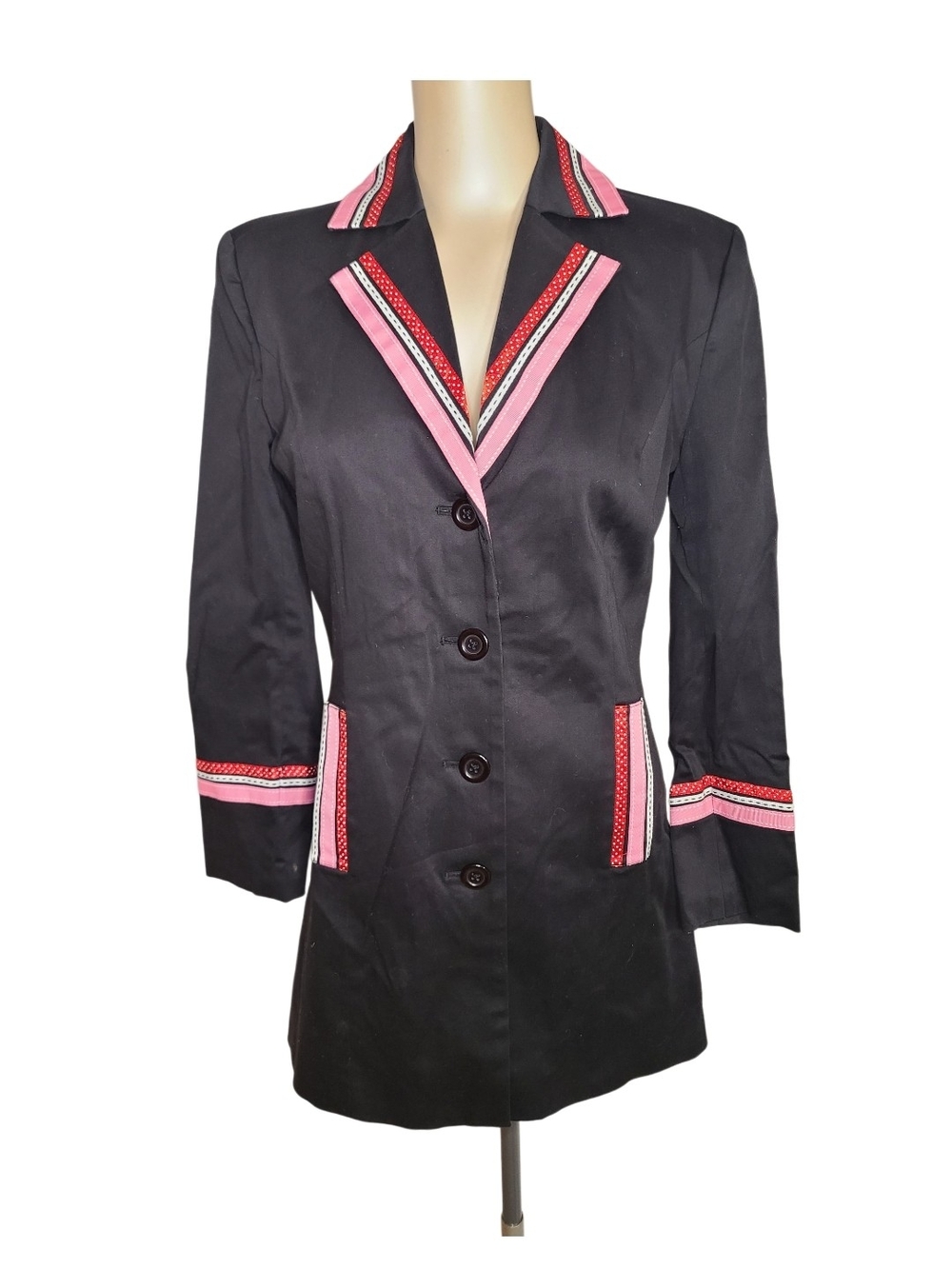 Goodclothes Ribbon Trim Longline Blazer Jacket Black Pink Size 6 Polka Dot Lined